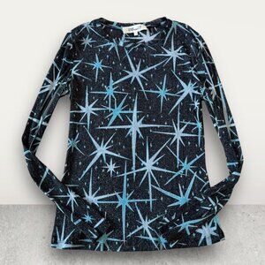 DIANE VON FURSTENBERG DVF Black Blue Shimmer Metallic Long Sleeve Top Size Mediu
